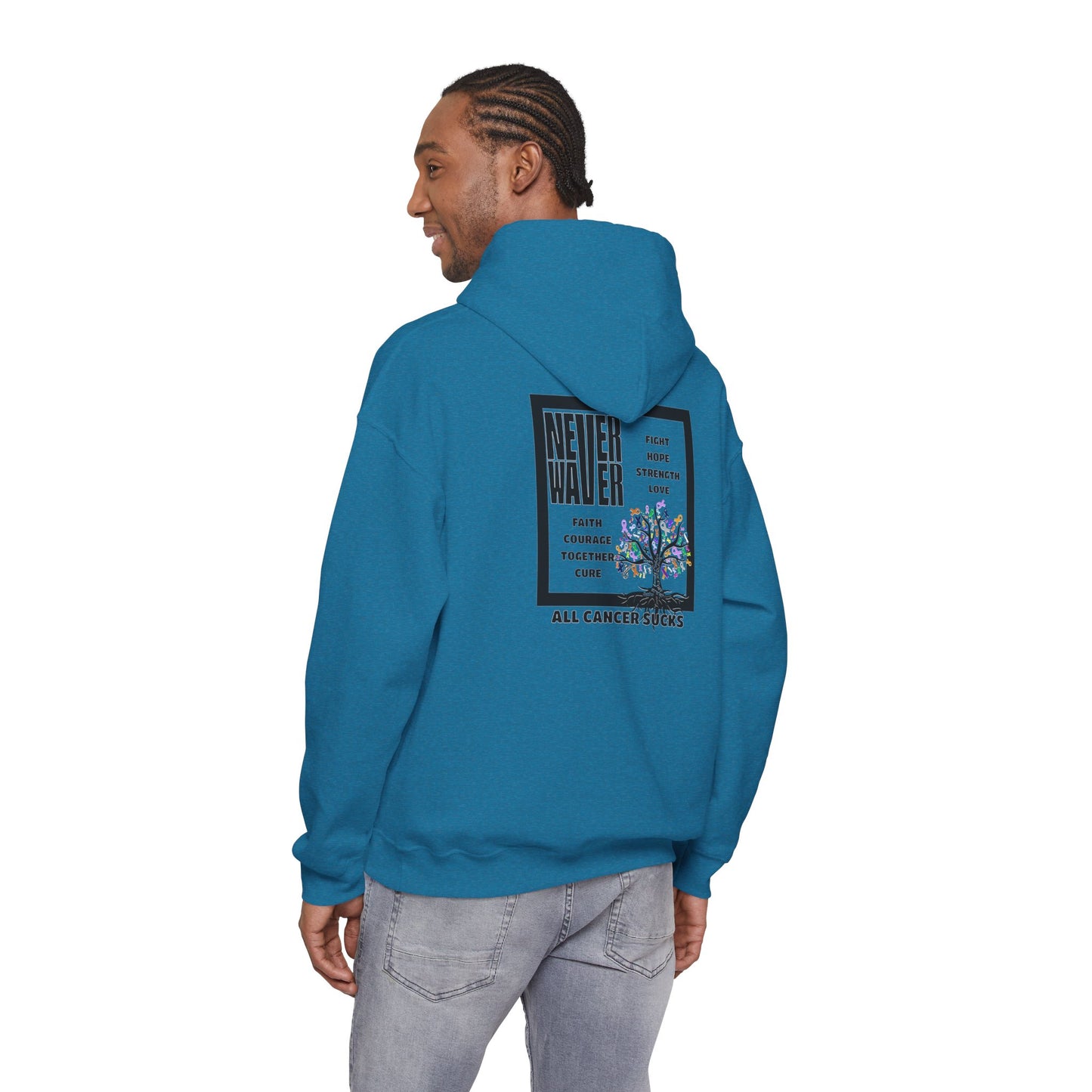 Cancer Awareness Hoodie - Never Waver - Fight, Hope, Strength, Love Tree of Ribbons