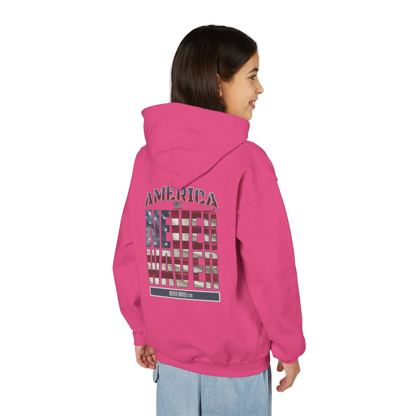 "America Never Waver " Motivational Sweatshirt Youth Heavy Blend Hoodie