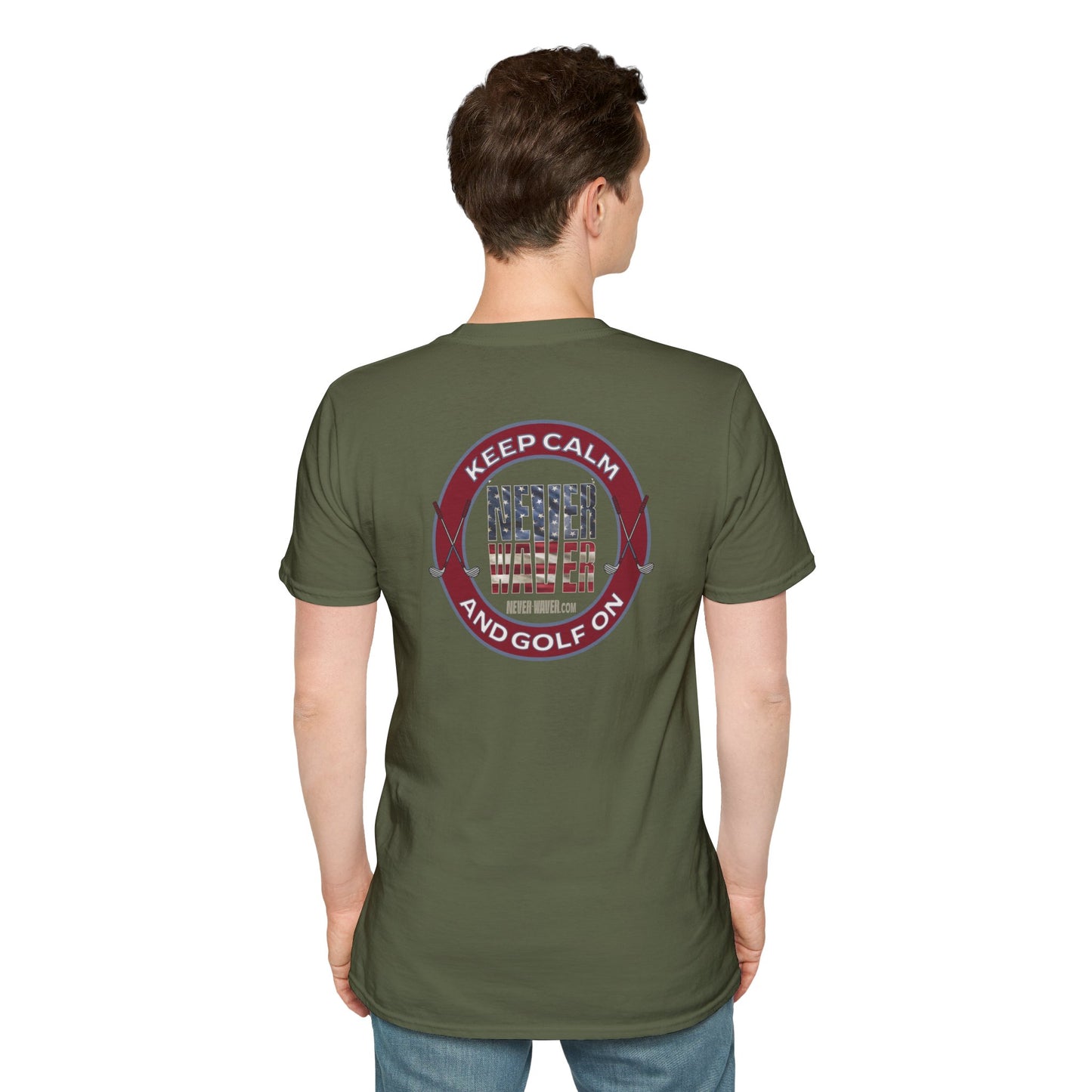 Keep Calm Never Waver & Golf On Unisex Soft style T-Shirt