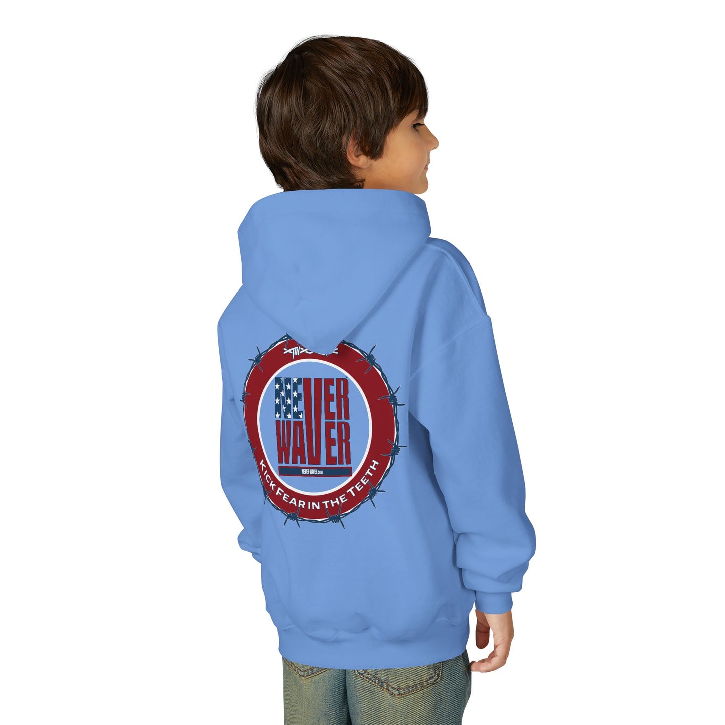 NEVER WAVER KICK FEAR IN THE TEETH Youth Heavy Blend Hooded Sweatshirt