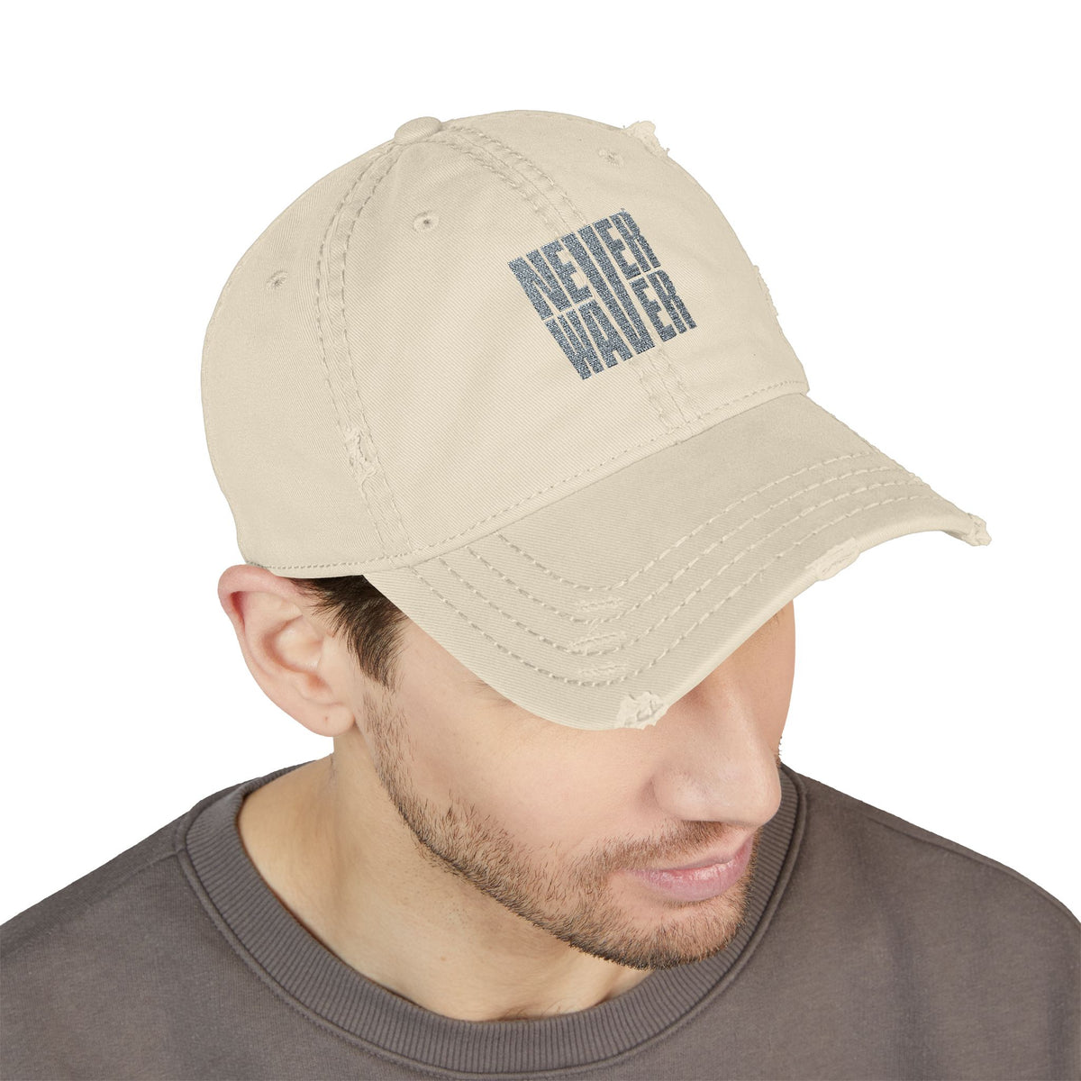 Distressed Dad Hat with 'Never Waver' Embroidery - Casual Style for Everyday Adventures by Printify