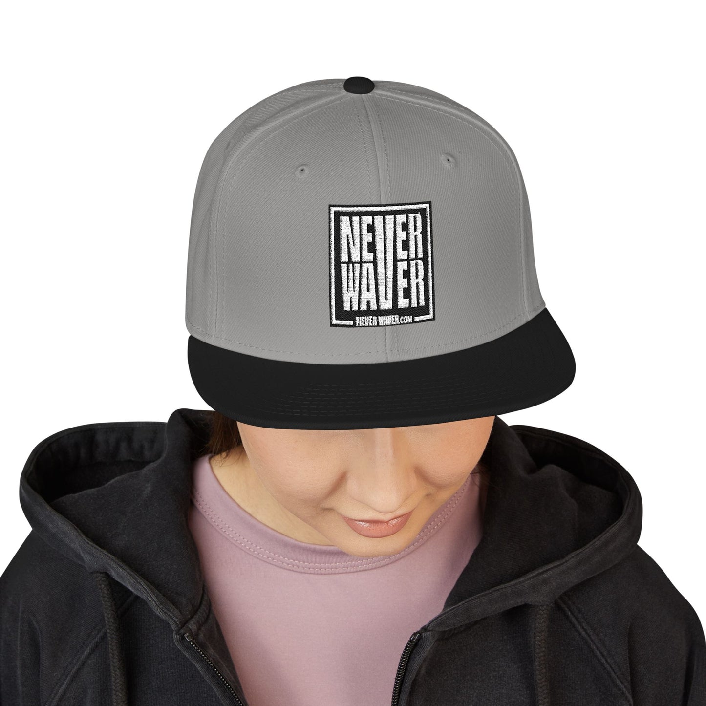 Never Waver Embroidered Square Script Snapback Hat — Bold Monochrome Streetwear