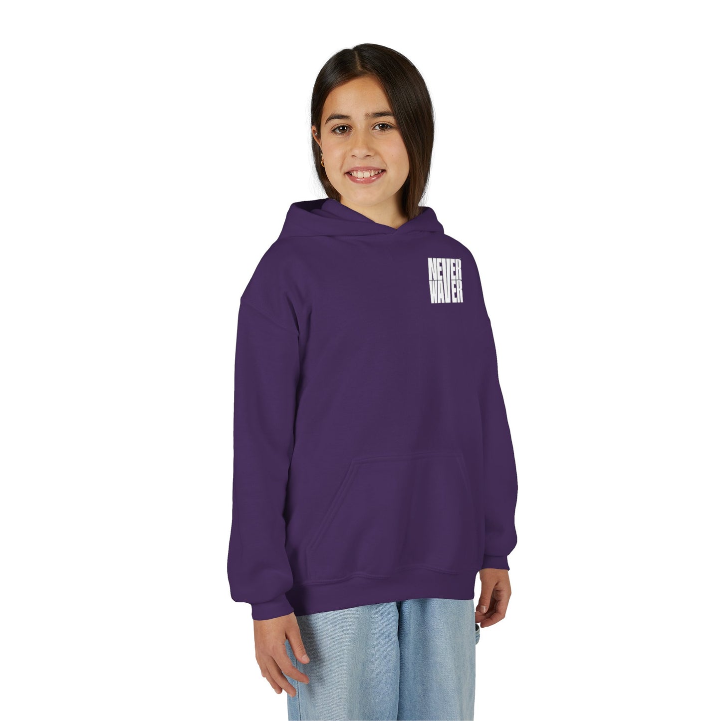 Youth Jesus Hoodie - "Never Waver” Jesus bold, eye-catching design that reflects a steadfast faith and confidence in Christ. " Sweatshirt for Young Jesus Lovers
