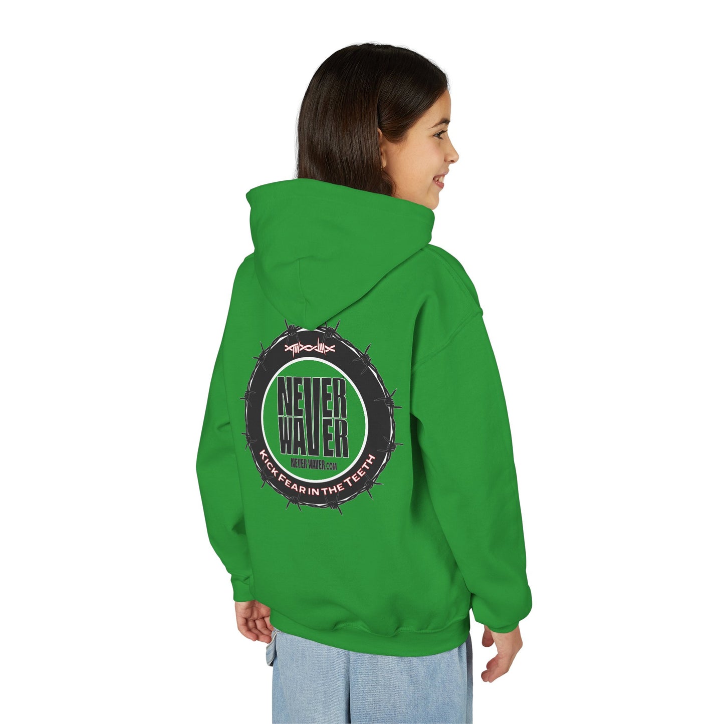 NEVER WAVER KICK FEAR IN THE TEETH Youth Heavy Blend Hooded Sweatshirt