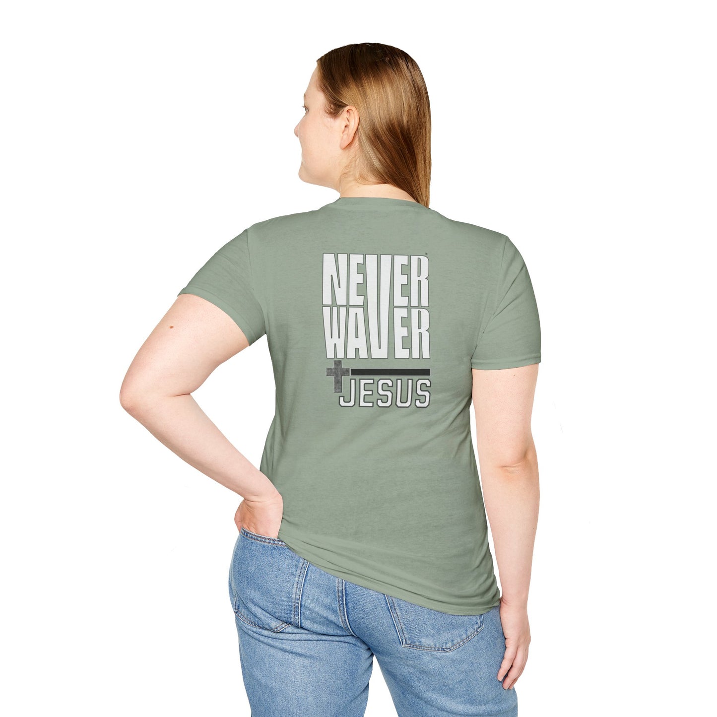 Never Waver” Jesus a bold, eye-catching design that reflects a steadfast faith and confidence in Christ.  Unisex Soft style T-Shirt