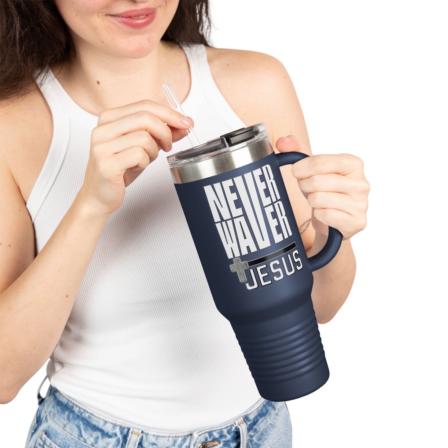 "Never Waver” Jesus Insulated Travel Mug -a bold, eye-catching design that reflects a steadfast faith and confidence in Christ. " - 40oz Sporty Drinkware