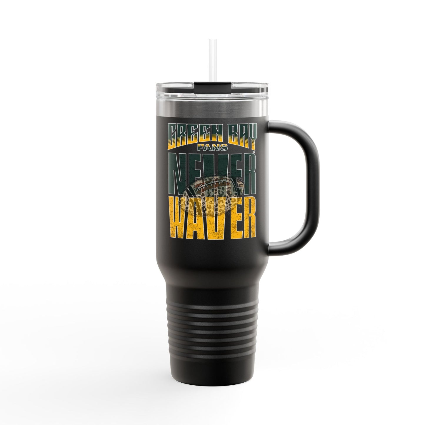 Green Bay Fans Never Waver with leopard football Insulated Travel Mug, 40oz