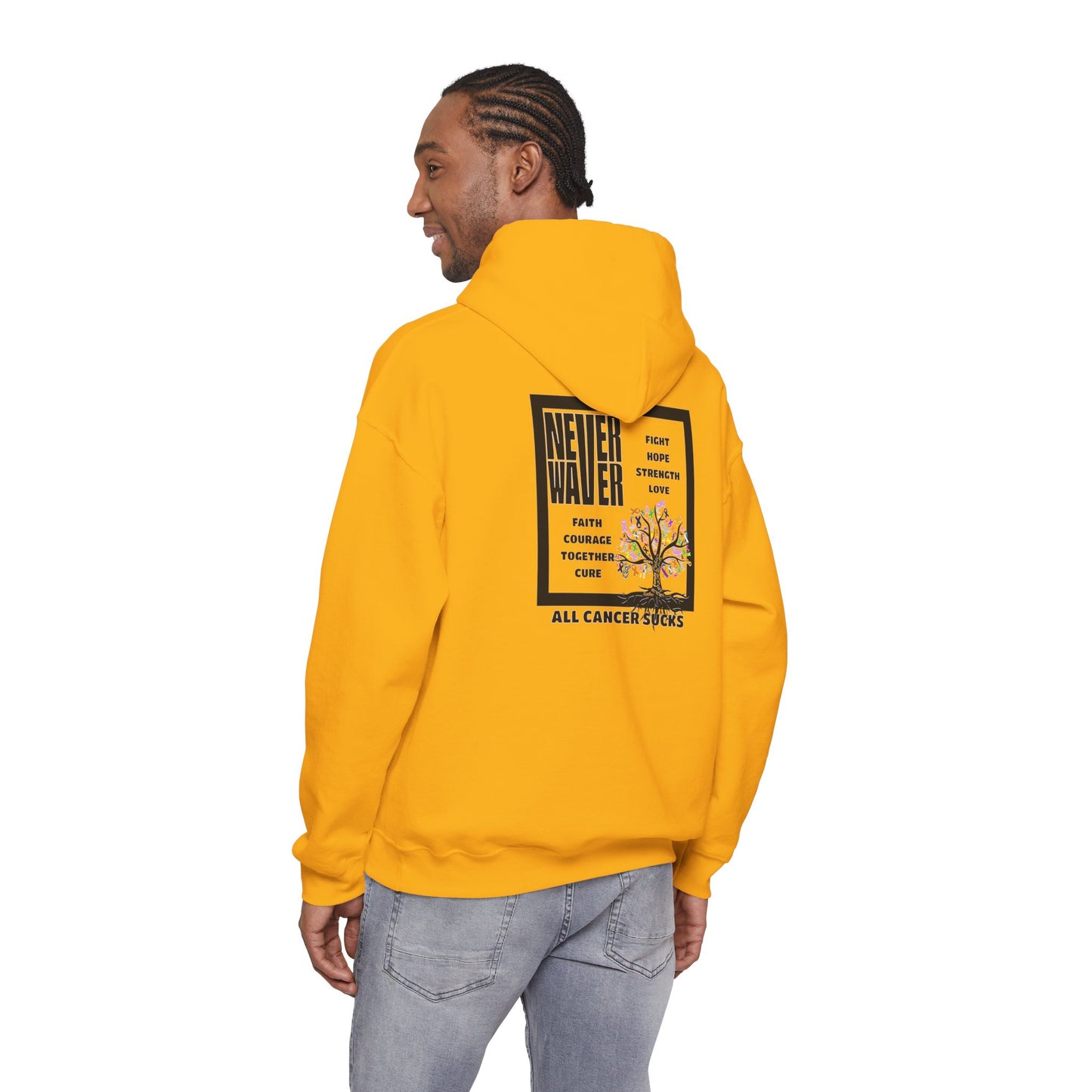 Cancer Awareness Hoodie - Never Waver - Fight, Hope, Strength, Love Tree of Ribbons