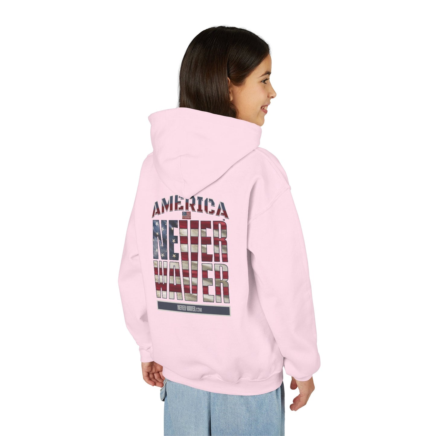 "America Never Waver " Motivational Sweatshirt Youth Heavy Blend Hoodie
