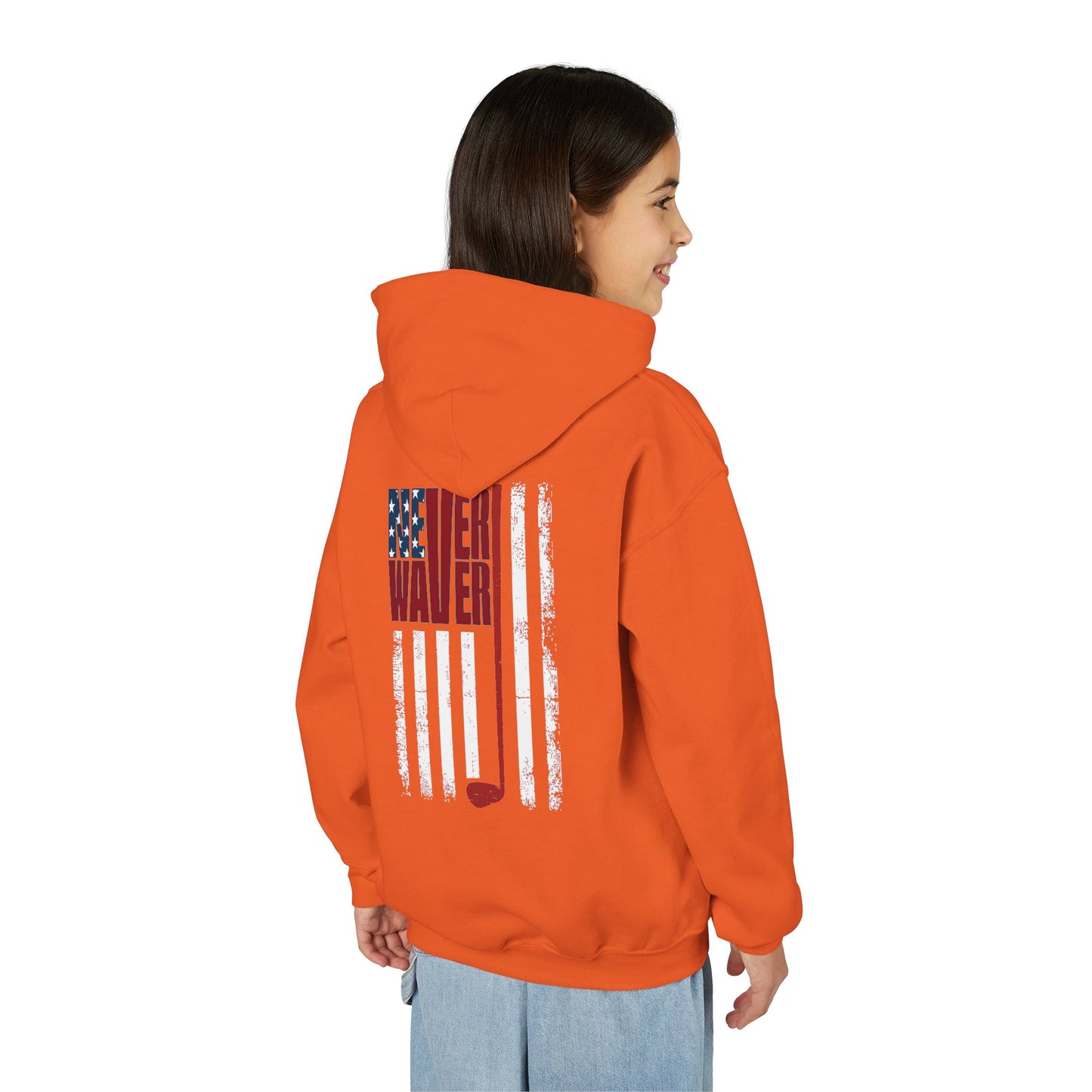 "Never Waver Golf American Flag" Hoodie for Young Golfers