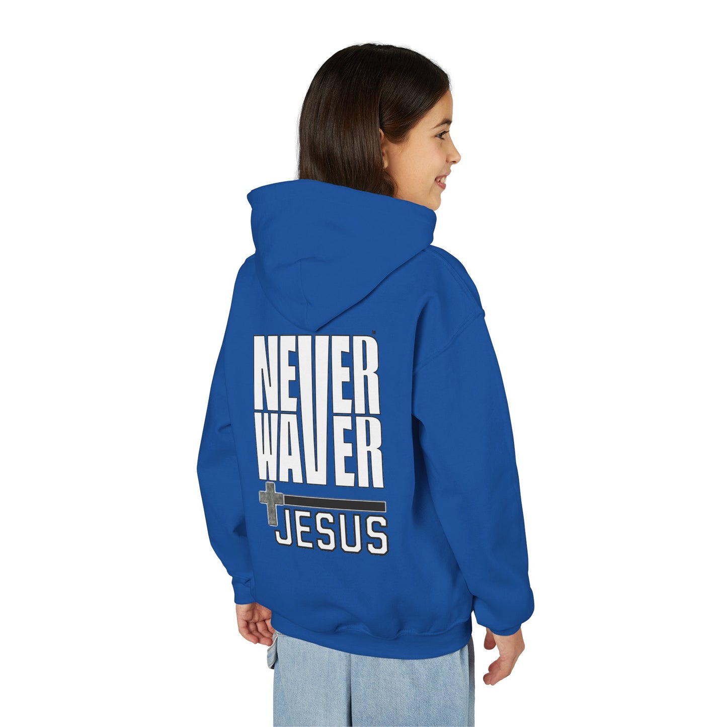 Youth Jesus Hoodie - "Never Waver” Jesus bold, eye-catching design that reflects a steadfast faith and confidence in Christ. " Sweatshirt for Young Jesus Lovers