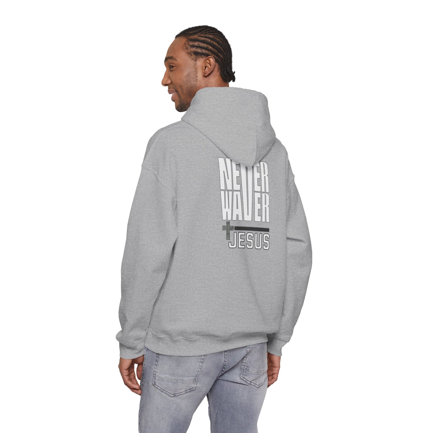 Never Waver” Jesus a bold, eye-catching design that reflects a steadfast faith and confidence in Christ. Hoodie - Unisex Heavy Blend™ Sweatshirt