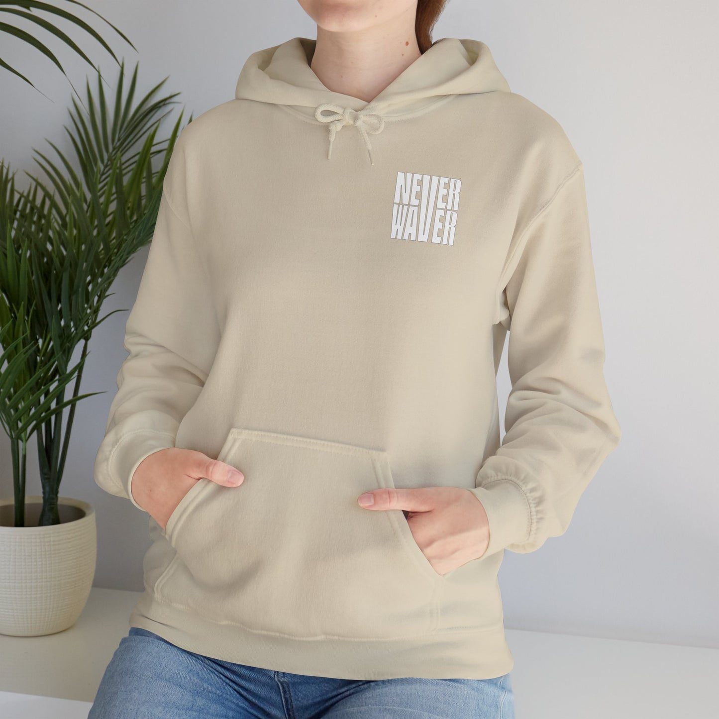 Never Waver” Jesus a bold, eye-catching design that reflects a steadfast faith and confidence in Christ. Hoodie - Unisex Heavy Blend™ Sweatshirt