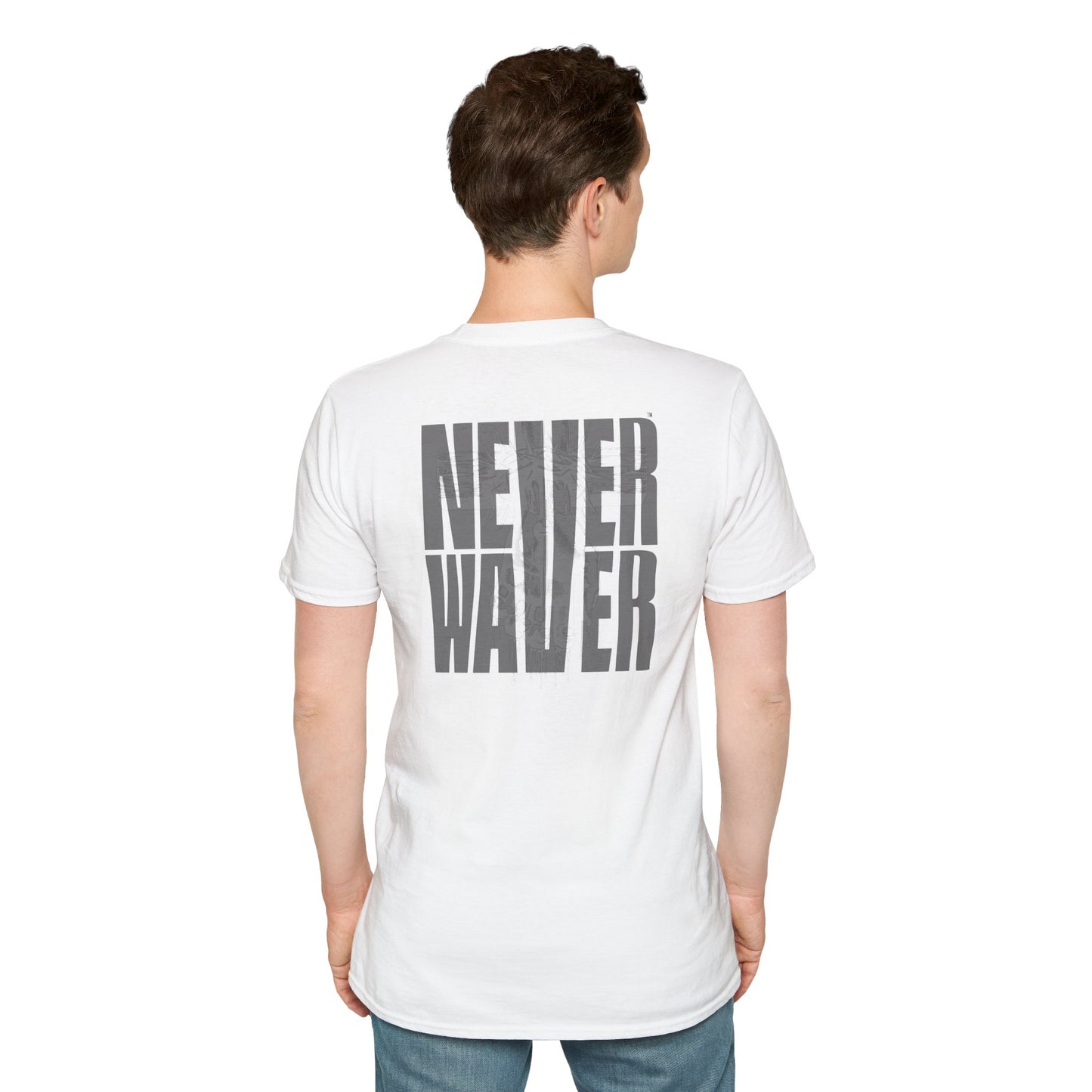 Never Waver” Jesus a bold, eye-catching design that reflects a steadfast faith and confidence in Christ. Unisex Soft style T-Shirt