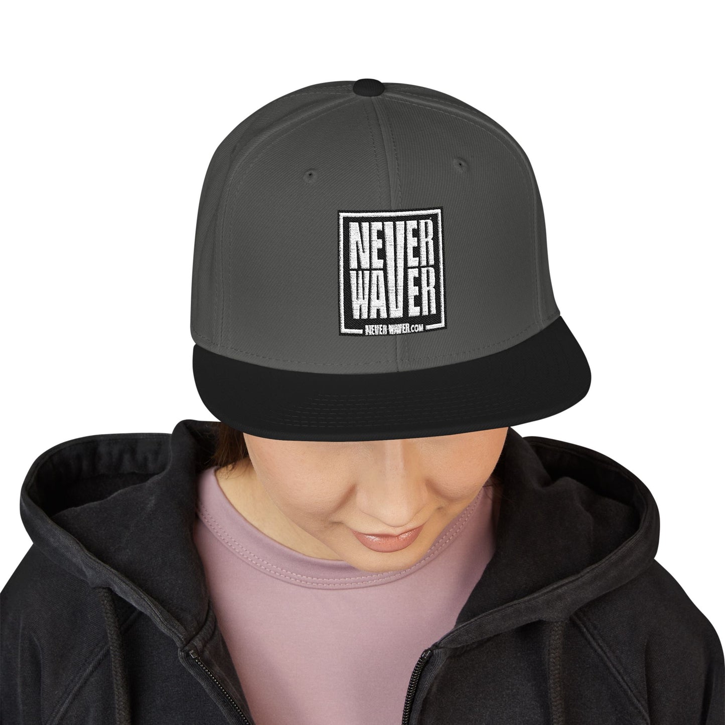 Never Waver Embroidered Square Script Snapback Hat — Bold Monochrome Streetwear