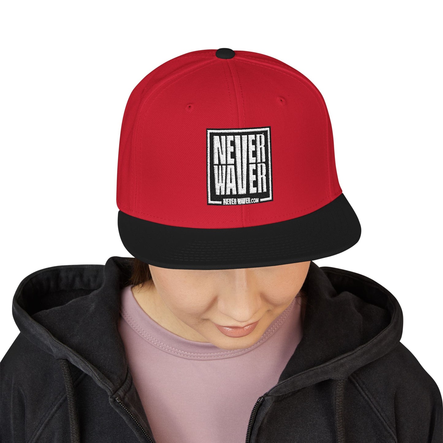 Never Waver Embroidered Square Script Snapback Hat — Bold Monochrome Streetwear