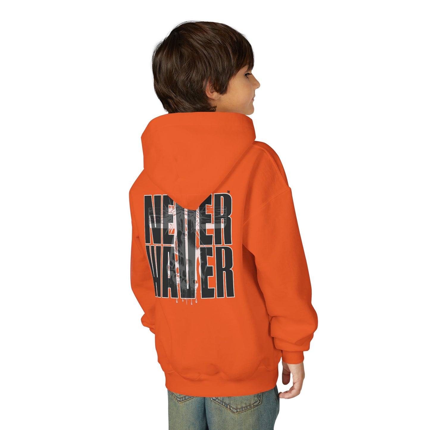 "Never Waver” Jesus a bold, eye-catching design that reflects a steadfast faith and confidence in Christ. " Sweatshirt for Young