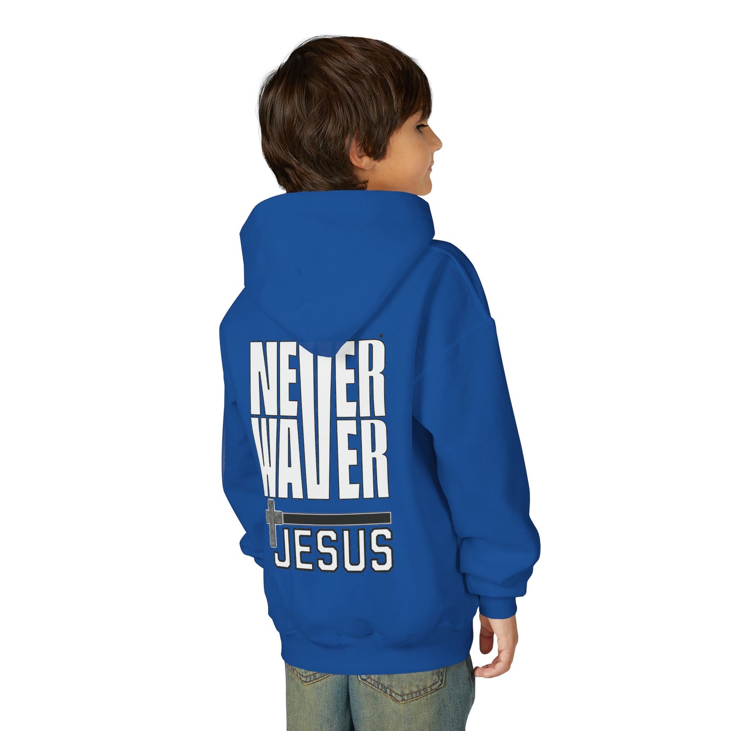 Youth Jesus Hoodie - "Never Waver” Jesus bold, eye-catching design that reflects a steadfast faith and confidence in Christ. " Sweatshirt for Young Jesus Lovers