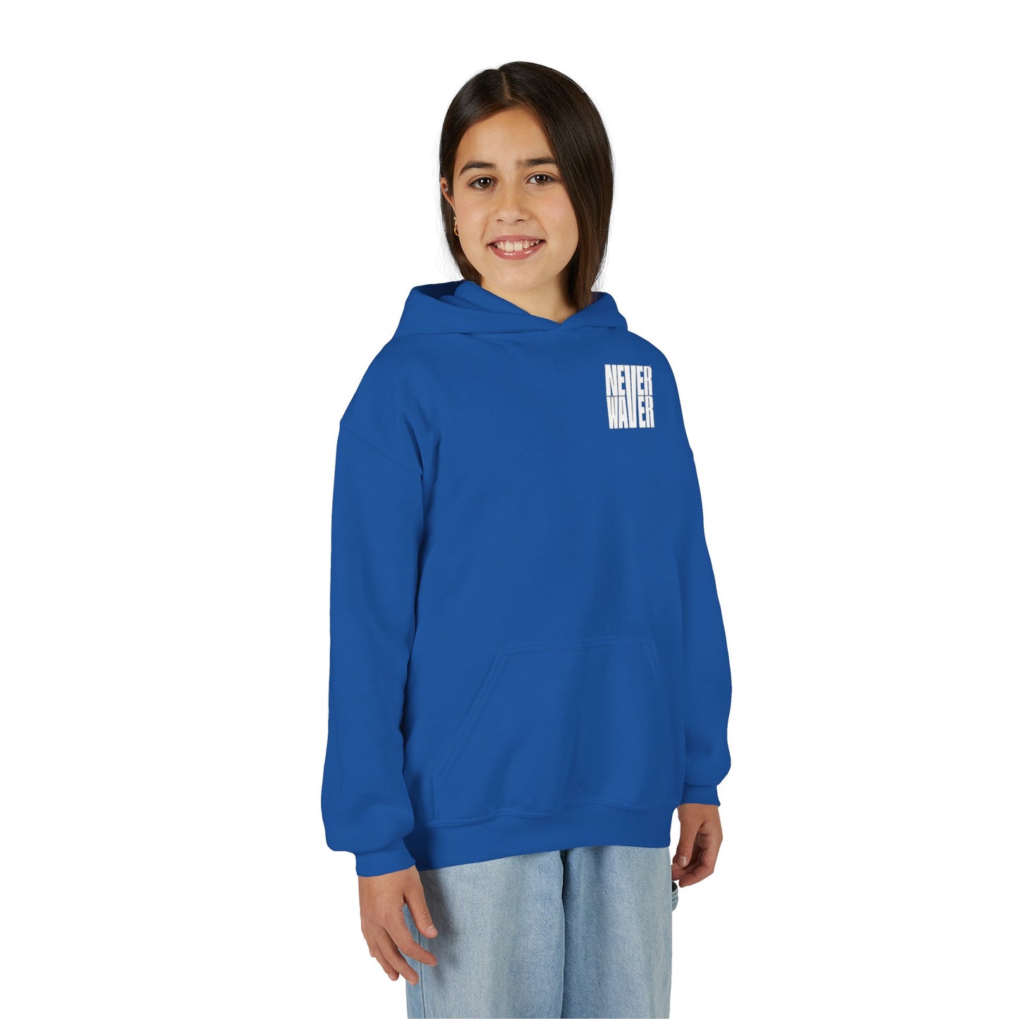 Youth Jesus Hoodie - "Never Waver” Jesus bold, eye-catching design that reflects a steadfast faith and confidence in Christ. " Sweatshirt for Young Jesus Lovers