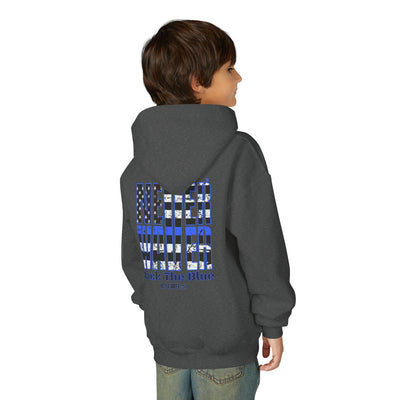Never Waver Back The Blue  Vintage-Inspired Youth Hoodie with American Flag Design