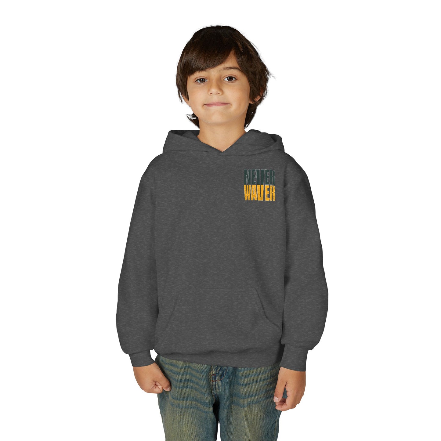 Green Bay Fans Never Waver Youth Heavy Blend Hooded Sweatshirt