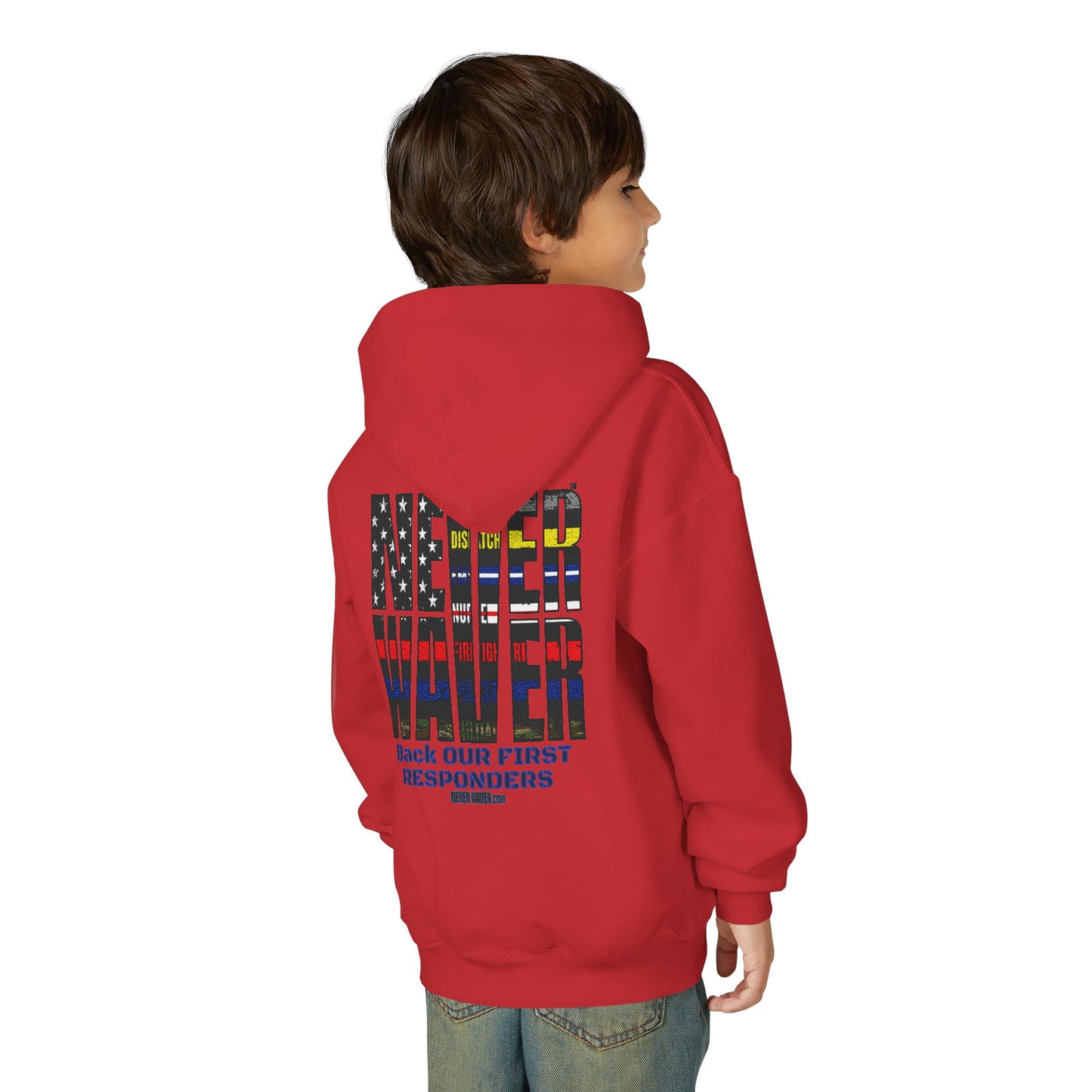 Never Waver Always Back Our First Responders Vintage-Inspired Youth Hoodie with American Flag Design