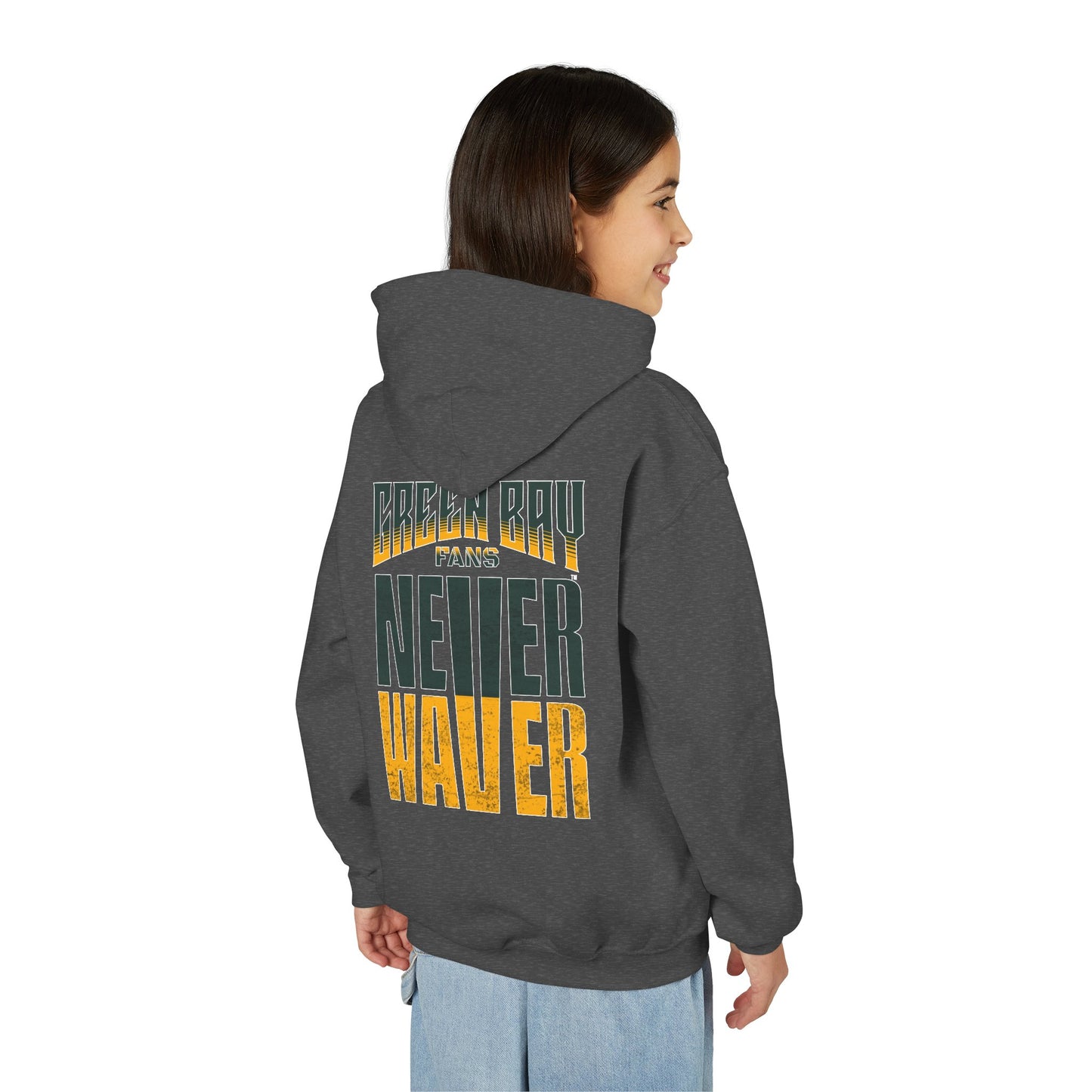 Green Bay Fans Never Waver Youth Heavy Blend Hooded Sweatshirt