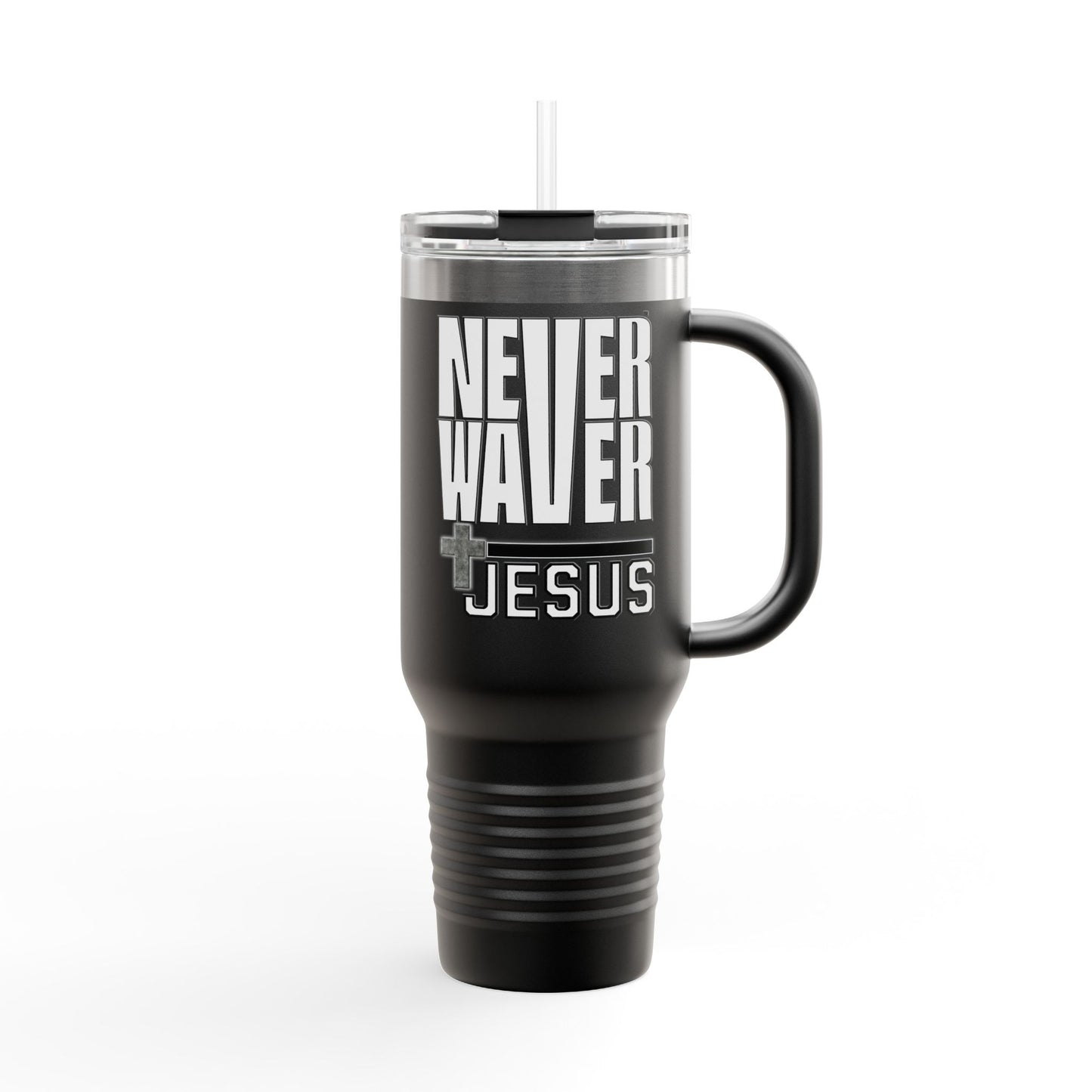 "Never Waver” Jesus Insulated Travel Mug -a bold, eye-catching design that reflects a steadfast faith and confidence in Christ. " - 40oz Sporty Drinkware