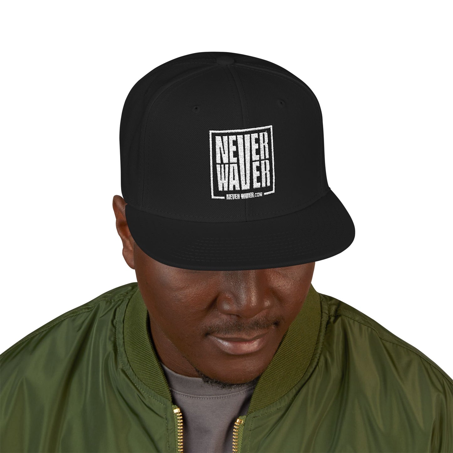 Never Waver Embroidered Square Script Snapback Hat — Bold Monochrome Streetwear