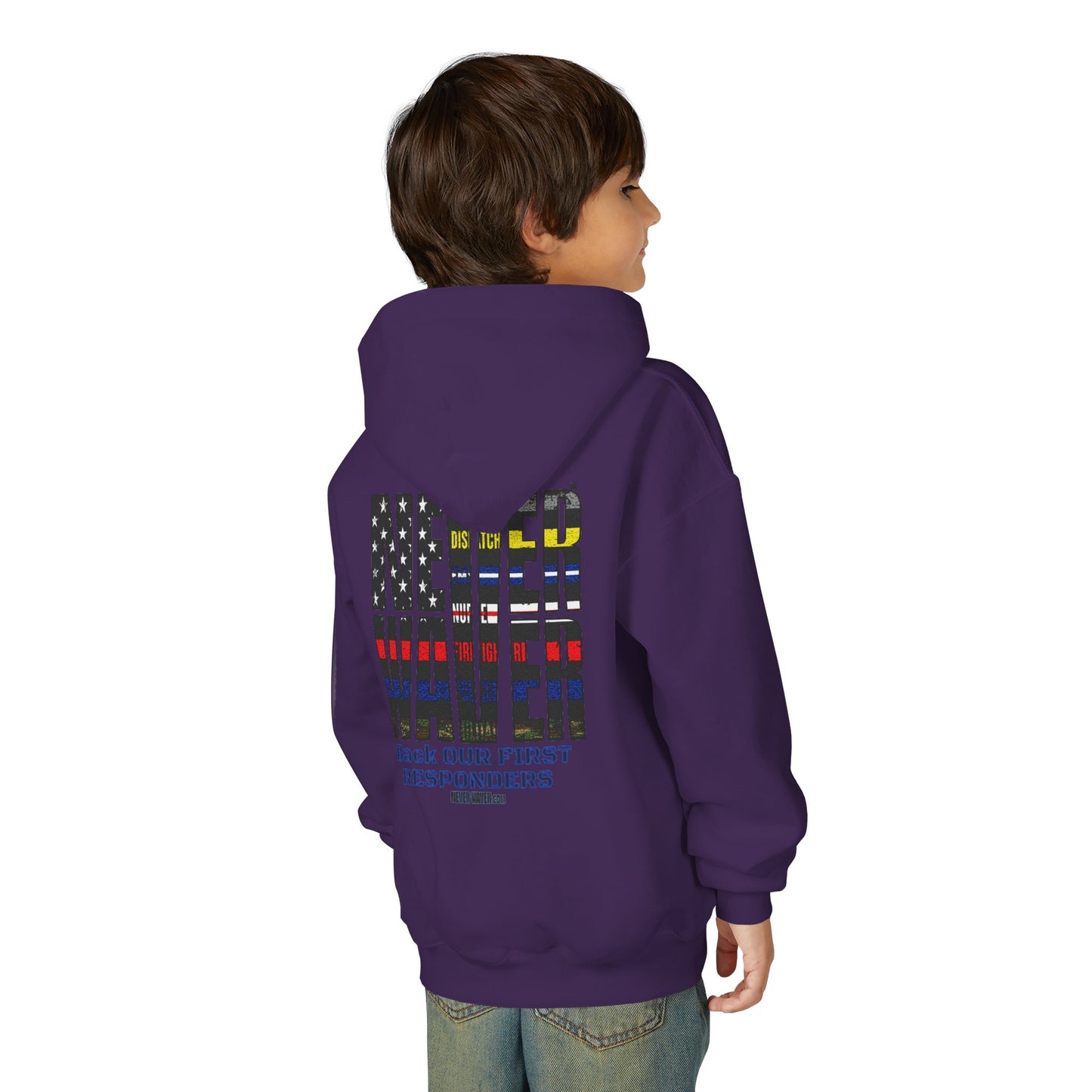 Never Waver Always Back Our First Responders Vintage-Inspired Youth Hoodie with American Flag Design