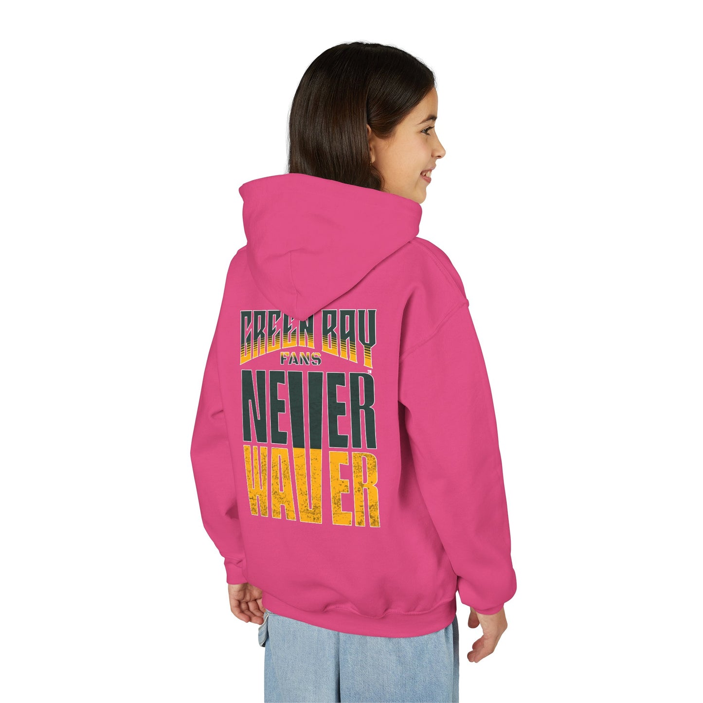 Green Bay Fans Never Waver Youth Heavy Blend Hooded Sweatshirt