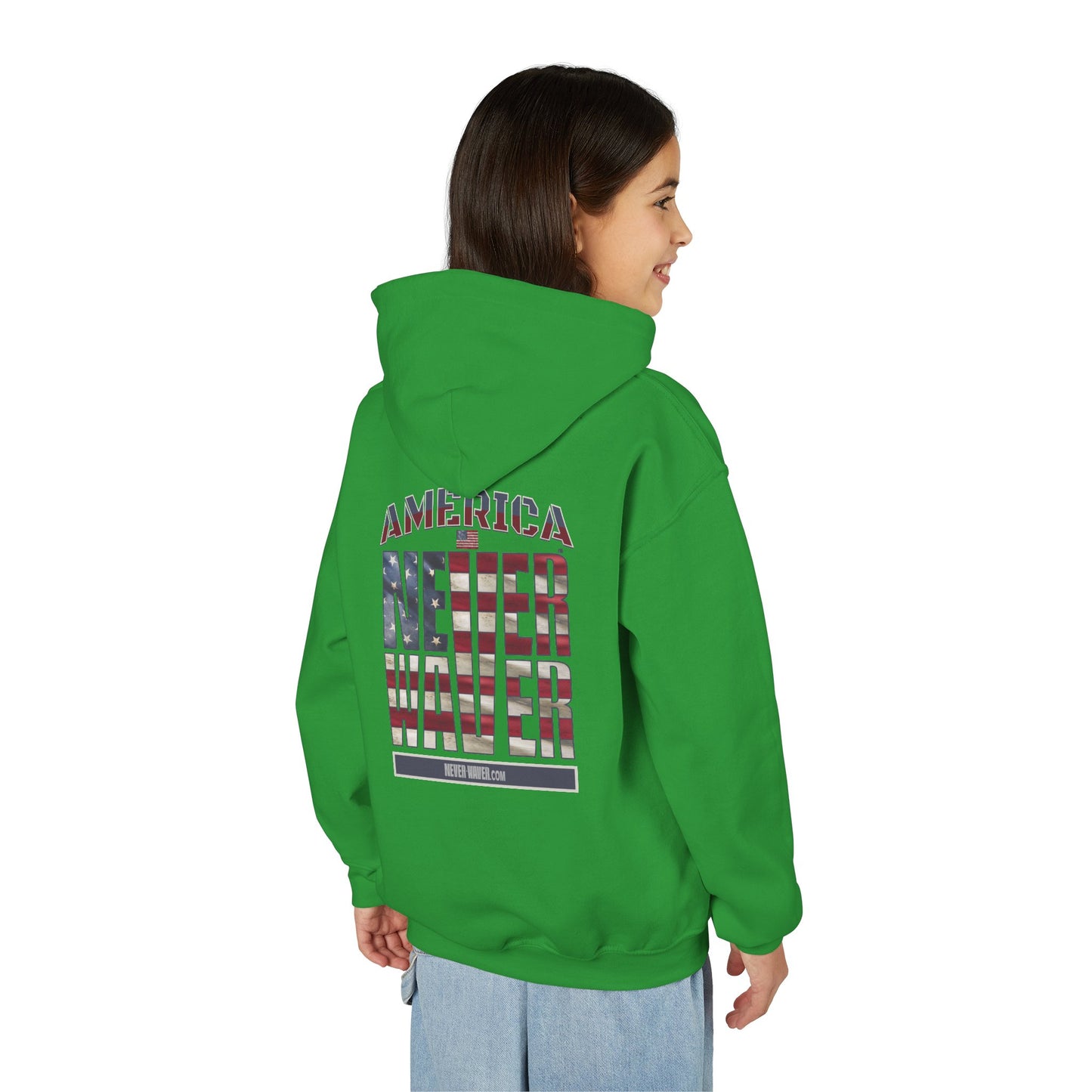 "America Never Waver " Motivational Sweatshirt Youth Heavy Blend Hoodie