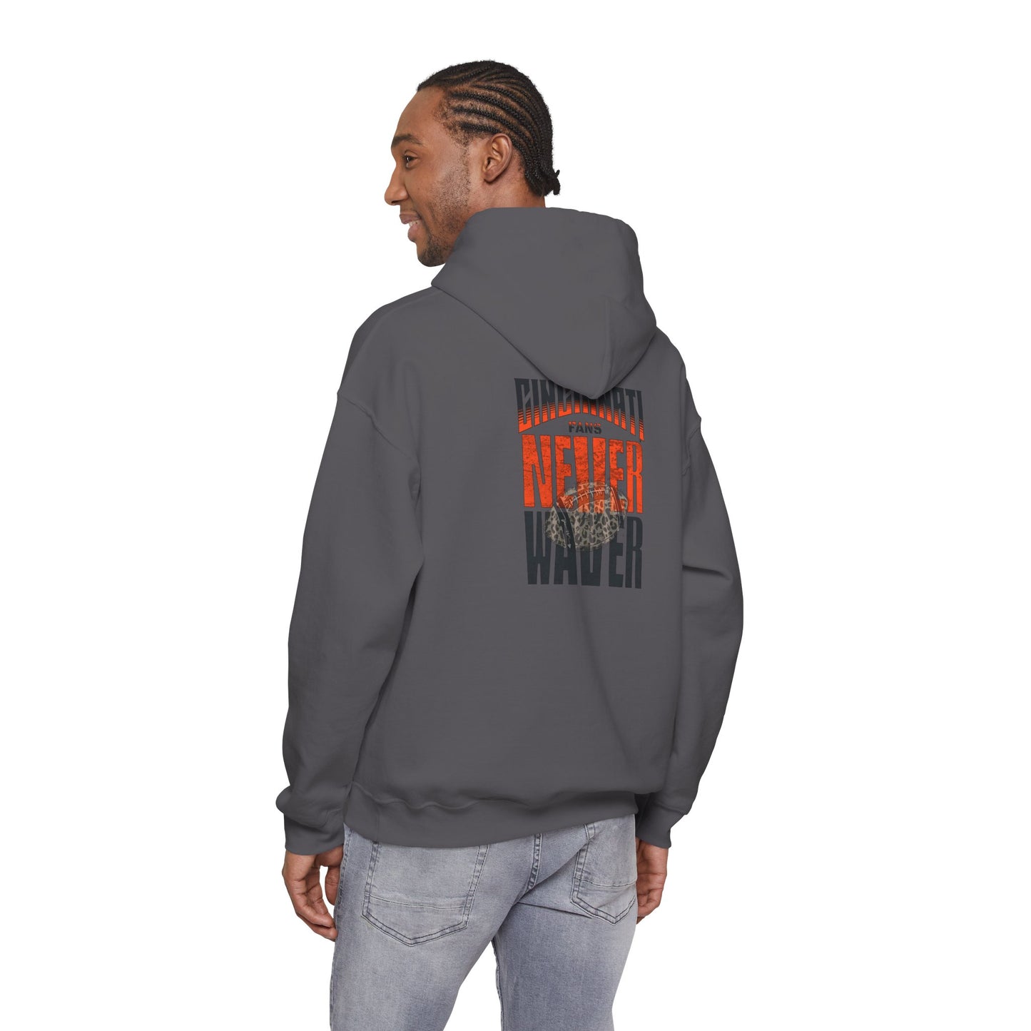 Cincinnati Fans Never Waver Hoodie w Leopard Football - Unisex Heavy Blend Sweatshirt