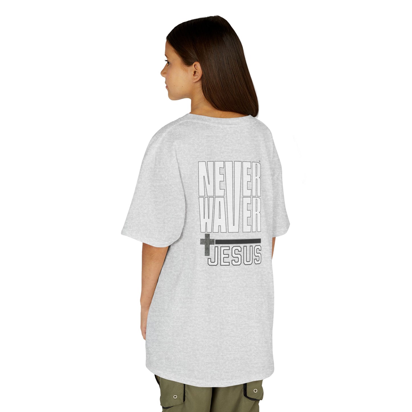 Never Waver” Jesus a bold, eye-catching design that reflects a steadfast faith and confidence in Christ.