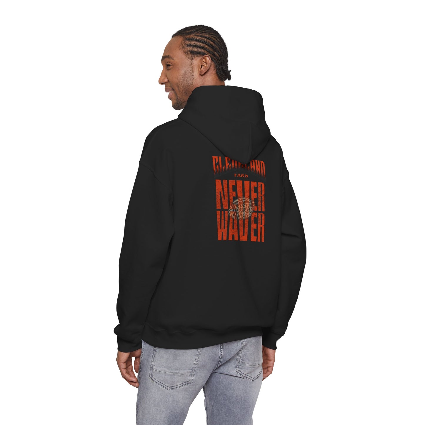 Cleveland Fans Never Waver w Leopard Football Unisex Hoodie - Cozy Heavy Blend Sweatshirt for Comfort and Style