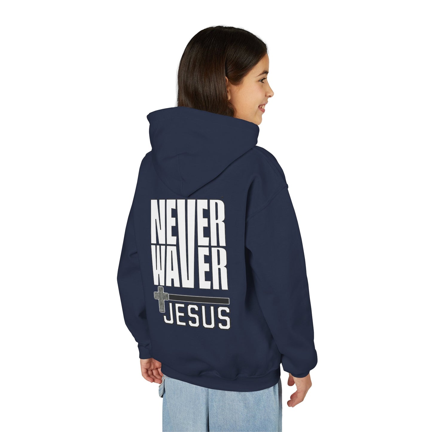 Youth Jesus Hoodie - "Never Waver” Jesus bold, eye-catching design that reflects a steadfast faith and confidence in Christ. " Sweatshirt for Young Jesus Lovers