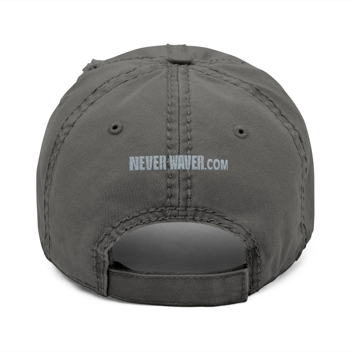 Distressed Dad Hat with 'Never Waver' Embroidery - Casual Style for Everyday Adventures by Printify