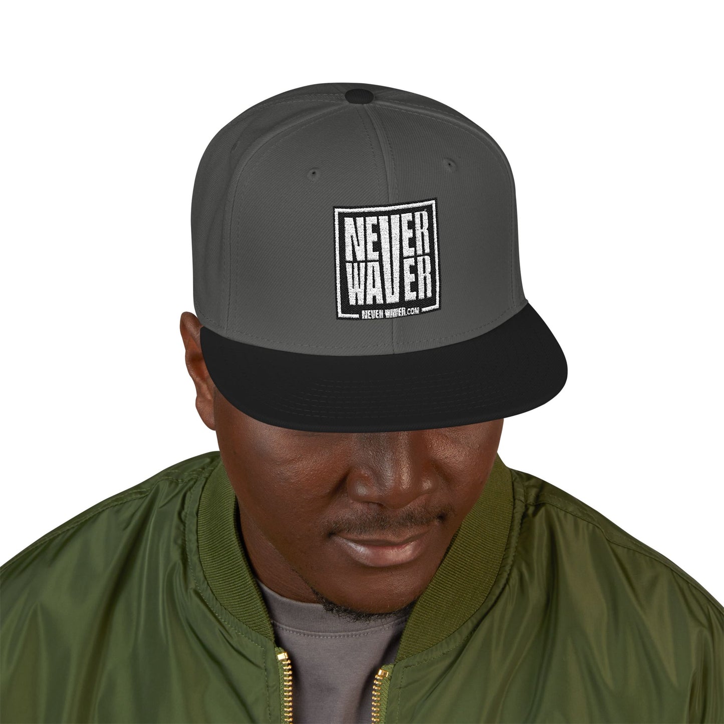 Never Waver Embroidered Square Script Snapback Hat — Bold Monochrome Streetwear