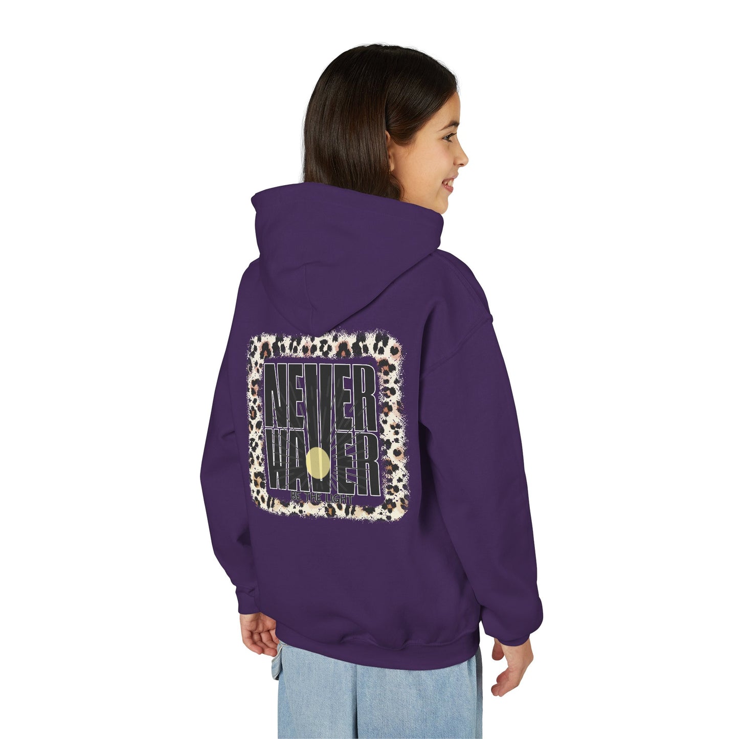 "NEVER WAVER Be The Light Design" Motivational Sweatshirt Youth Heavy Blend Hoodie