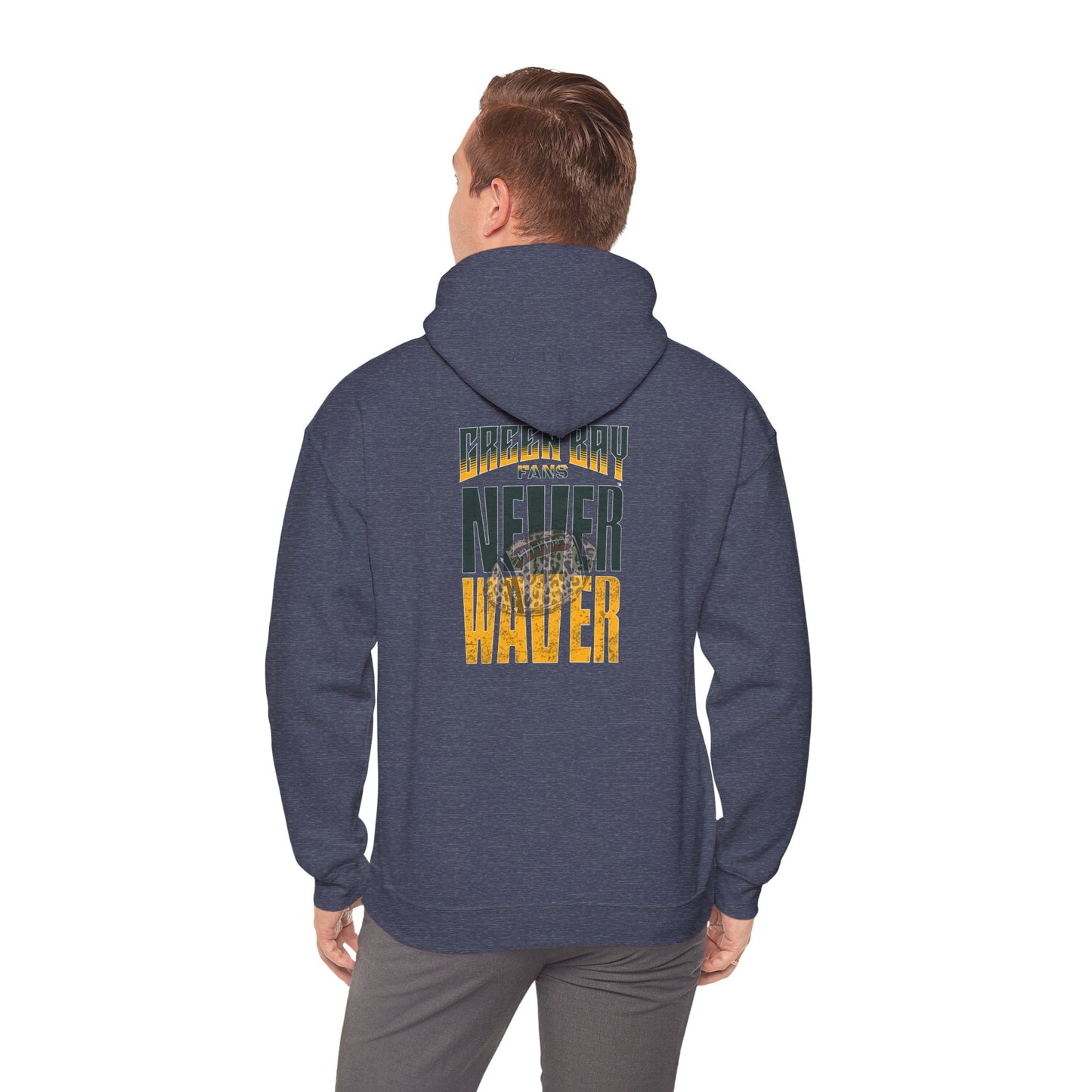 Green Bay Fans Never Waver Hoodie w Leopard Football - Unisex Heavy Blend Sweatshirt