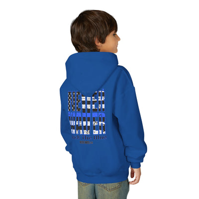 Never Waver Back The Blue  Vintage-Inspired Youth Hoodie with American Flag Design