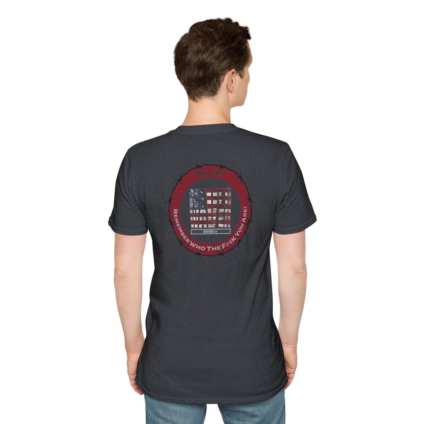 'Never Waver Remember who the F@{k you are' Circular Barbed-Wire Logo Graphic T-Shirt