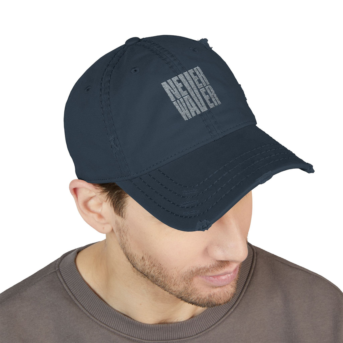 Distressed Dad Hat with 'Never Waver' Embroidery - Casual Style for Everyday Adventures by Printify