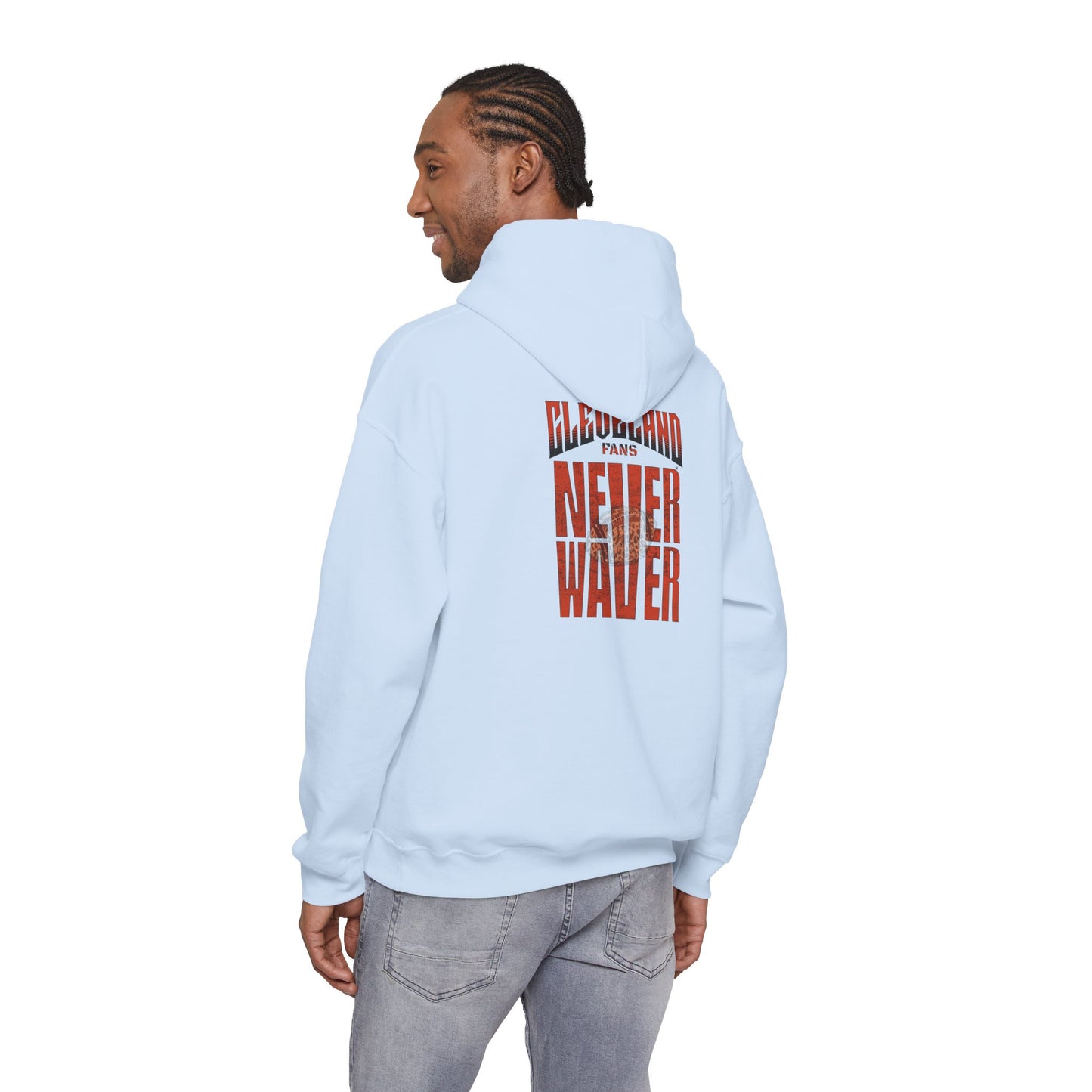 Cleveland Fans Never Waver w Leopard Football Unisex Hoodie - Cozy Heavy Blend Sweatshirt for Comfort and Style