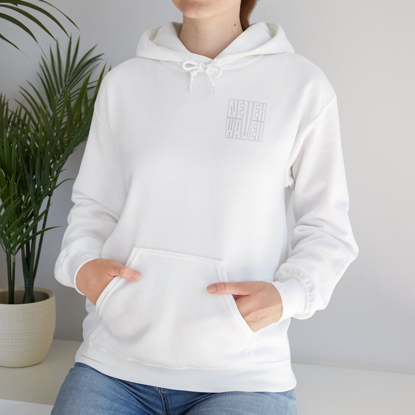 Never Waver” Jesus a bold, eye-catching design that reflects a steadfast faith and confidence in Christ. Hoodie - Unisex Heavy Blend™ Sweatshirt