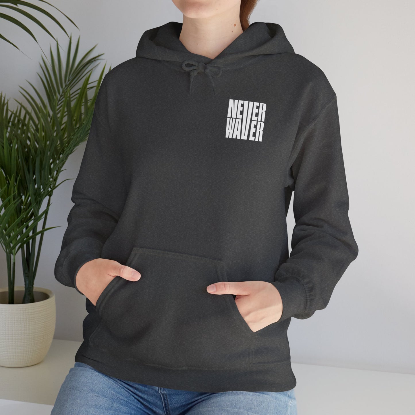 Never Waver” Jesus a bold, eye-catching design that reflects a steadfast faith and confidence in Christ. Hoodie - Unisex Heavy Blend™ Sweatshirt
