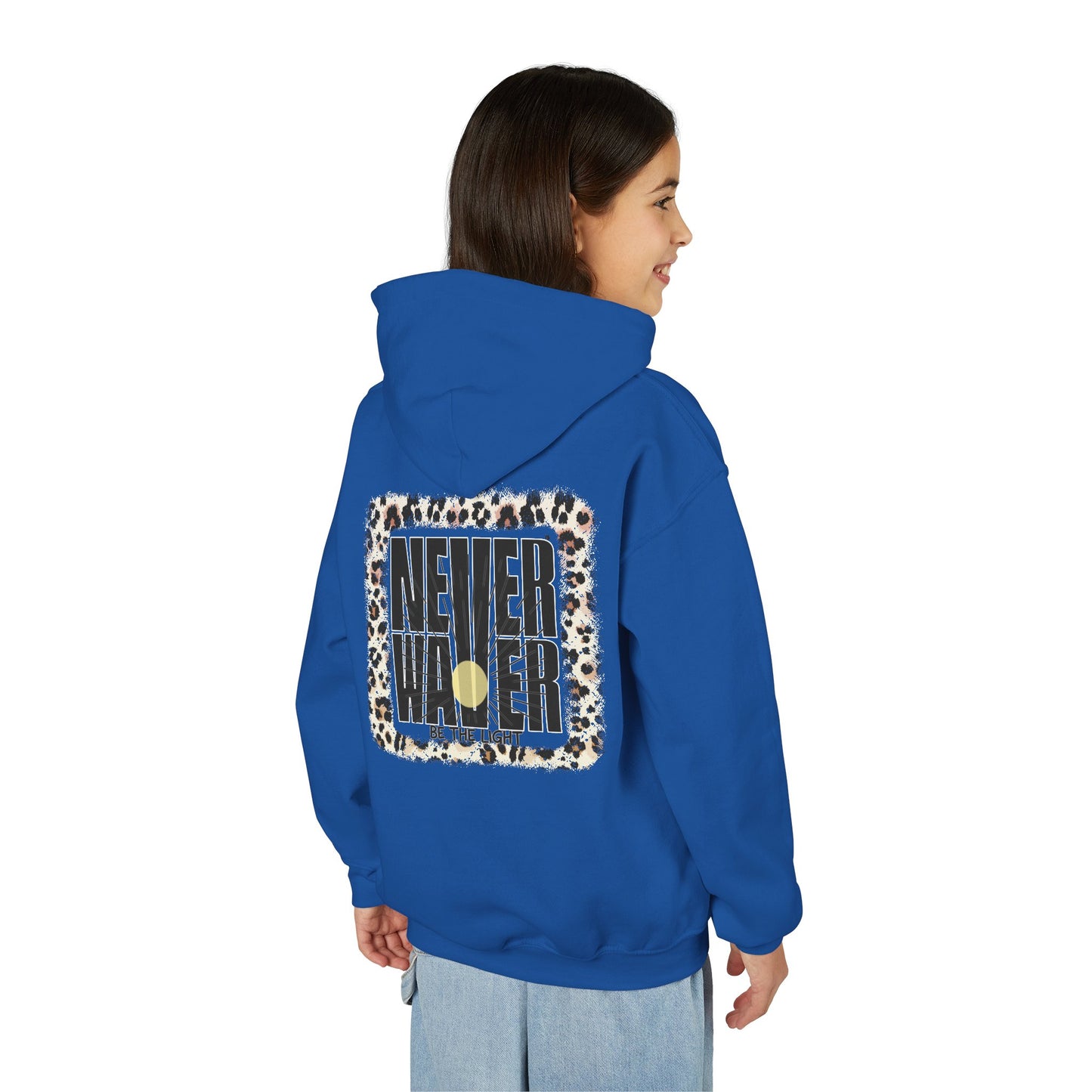 "NEVER WAVER Be The Light Design" Motivational Sweatshirt Youth Heavy Blend Hoodie