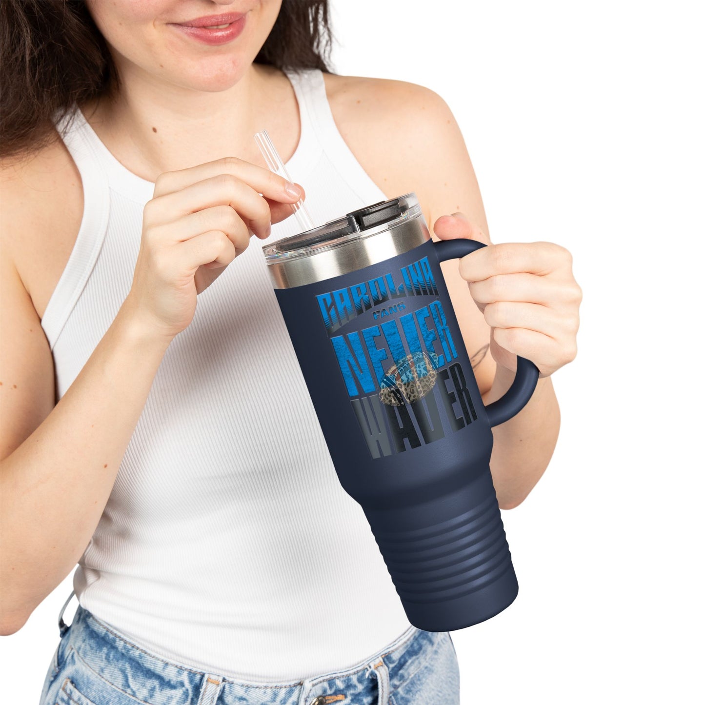 Carolina Fans Never Waver W- Leopard Football Insulated Travel Mug, 40oz