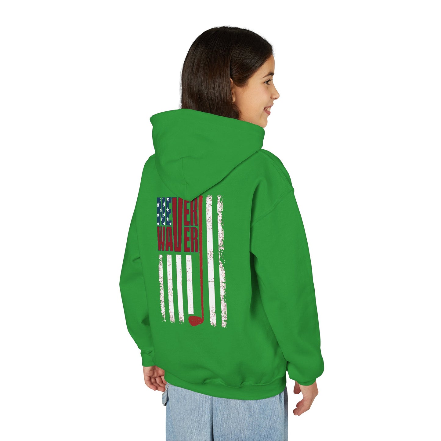 "Never Waver Golf American Flag" Hoodie for Young Golfers