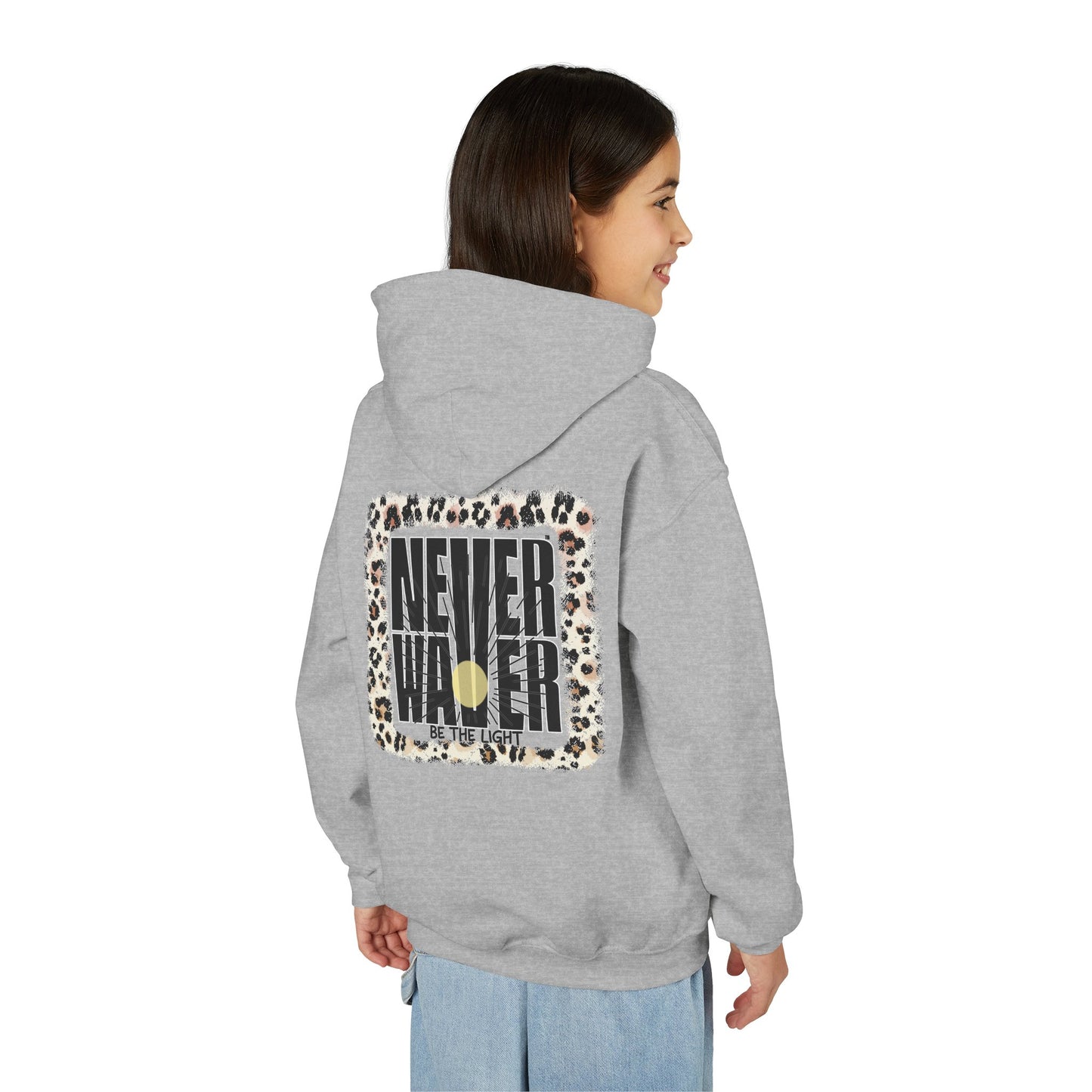 "NEVER WAVER Be The Light Design" Motivational Sweatshirt Youth Heavy Blend Hoodie